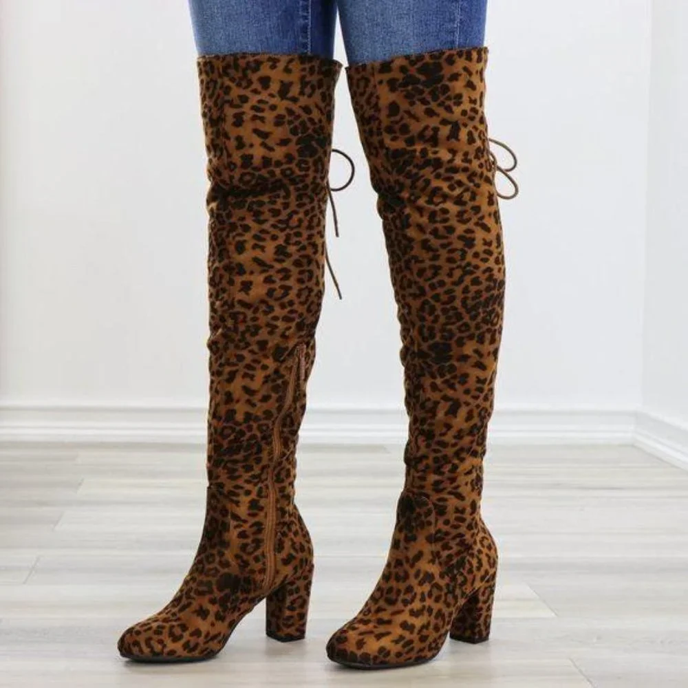 Suede Leopard Thigh High Heeled Boots Back Laces - Picture 6 of 15